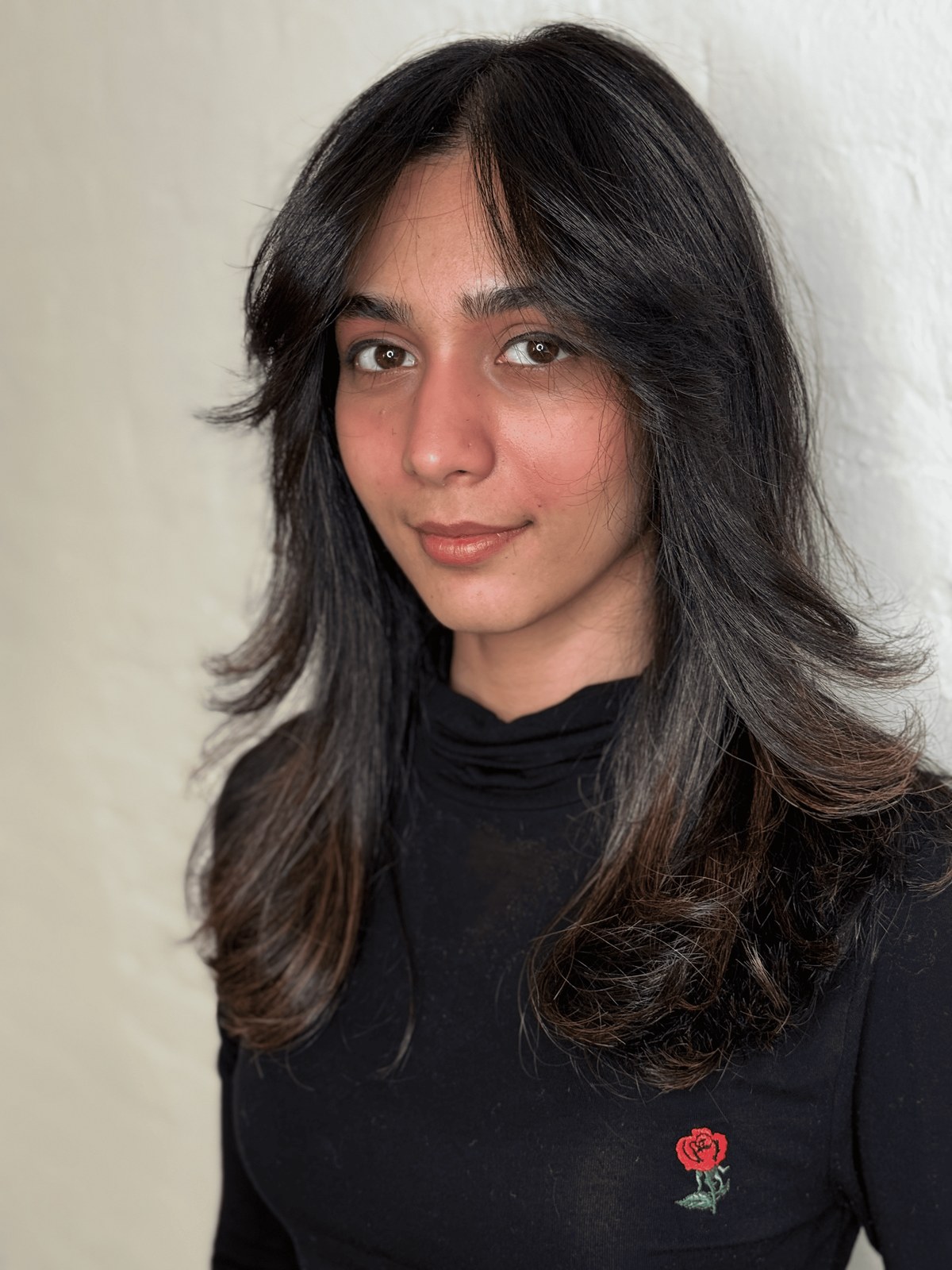 Curtain bangs and long layers on dark hair, Williamsburg Salon